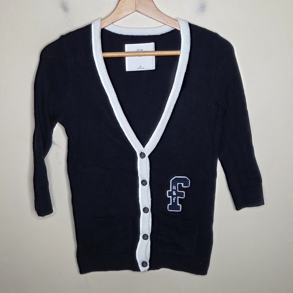 Y2K Abercrombie Kids Black Varsity Collegiate Cardigan Sweater A&F Logo Girls XL